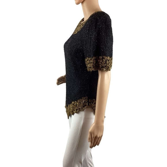 Lawrence Kazar Vintage Beaded Top Size L Black Gold - Picture 4 of 6